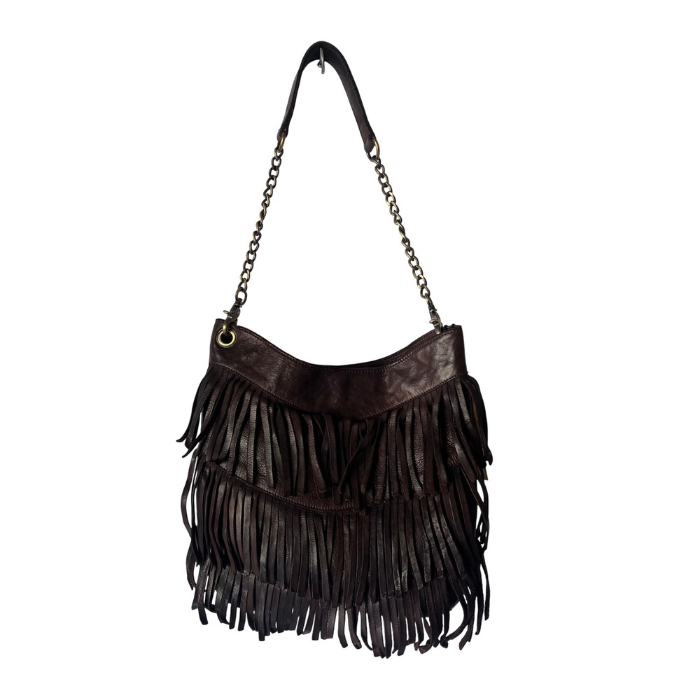Marta Ponti Portugal Brown Leather Fringe Hobo Bag Chain Strap NWT